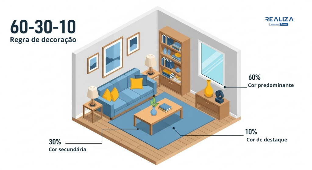 Ilustração explicando a regra de decoração 60-30-10, com cores predominante, secundária e de destaque em uma sala.