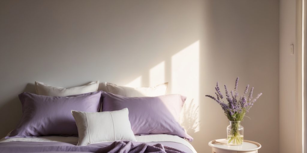 Quarto minimalista com cama de roupa lilás e branca ao lado de mesa com vaso de lavanda.