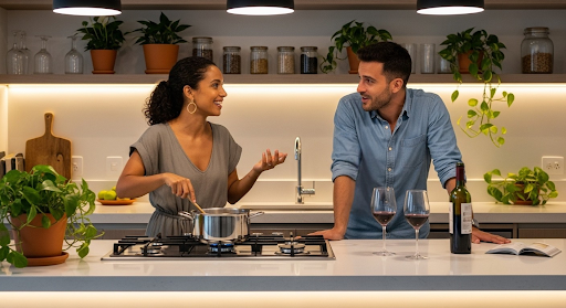 Casal interagindo enquanto cozinha em ambiente pequeno e moderno, com bancada clara, taças de vinho, prateleiras com plantas e iluminação embutida sob armários.