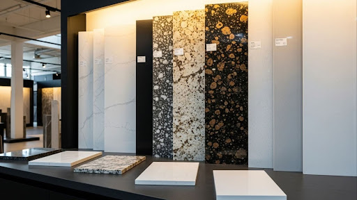 Mostruário de loja com várias placas verticais e horizontais de pedras e superfícies, em diferentes cores e texturas, expostas para escolha de acabamentos.