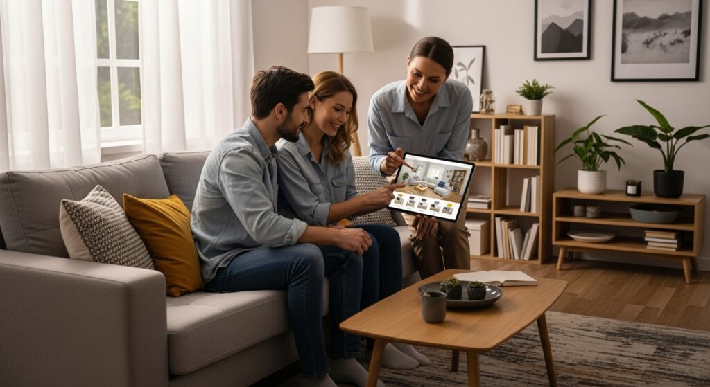 Três pessoas em uma sala pequena analisando um tablet com opções de decoração, sentadas em sofá cinza com almofadas coloridas, cercadas por estantes com livros, plantas e quadros nas paredes.