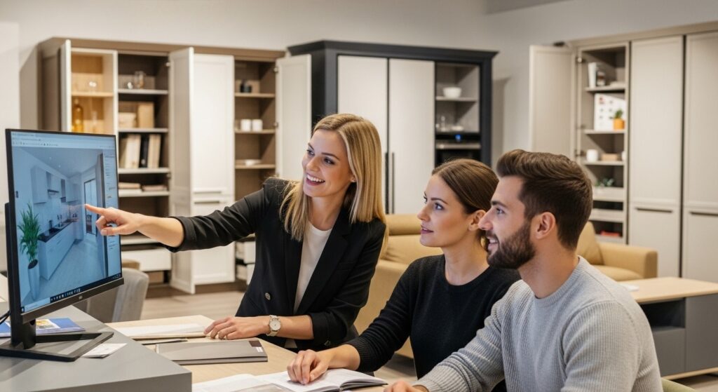 Designer apresentando aos clientes um projeto de cozinha planejada em um computador. A imagem ilustra como os móveis planejados são projetados com precisão, levando em consideração o espaço disponível e as preferências pessoais dos clientes. O uso de tecnologia para visualizar o layout dos móveis permite uma experiência personalizada, garantindo a melhor utilização do ambiente.