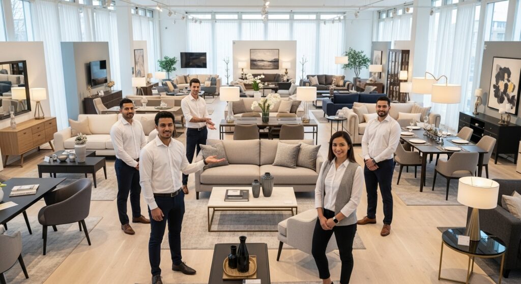 Equipe de vendas sorrindo e recebendo clientes em uma loja de móveis planejados. A loja exibe uma grande variedade de móveis modernos e elegantes, projetados para se adaptar a qualquer ambiente. A ideia de móveis planejados está clara na disposição dos produtos, que foram criados para atender às necessidades específicas dos clientes e otimizar o uso do espaço de maneira funcional e estilosa.