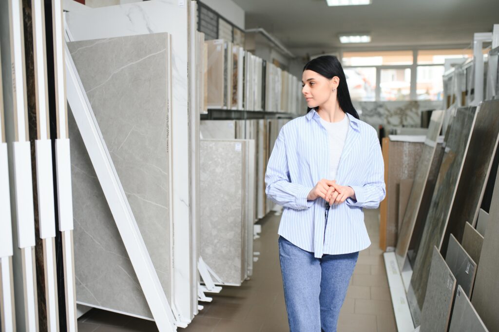 Mulher analisando diferentes tipos de azulejos e materiais para revestimento, em uma loja especializada. Esse tipo de processo é essencial ao planejar móveis sob medida, já que a escolha de materiais adequados à funcionalidade e estética desejada influencia diretamente no projeto final. Os materiais selecionados podem ser usados tanto para o design de móveis quanto para acabamentos personalizados.