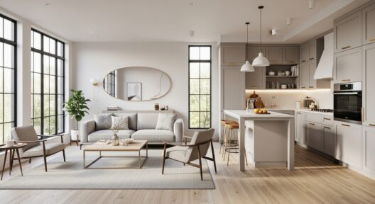 Sala integrada a uma cozinha compacta e elegante, com móveis em tons claros, ilha com banquetas, sofá claro, poltronas minimalistas, tapete neutro e janelas amplas que iluminam o espaço.