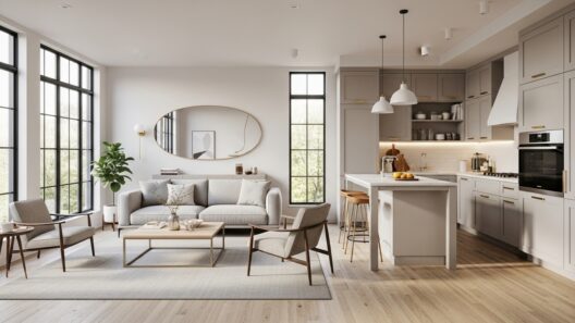 Sala integrada a uma cozinha compacta e elegante, com móveis em tons claros, ilha com banquetas, sofá claro, poltronas minimalistas, tapete neutro e janelas amplas que iluminam o espaço.