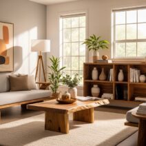 Ambiente de sala de estar com móveis planejados, com estantes e mesas feitas sob medida, feitas de madeira clara, complementadas por plantas e decoração moderna. A imagem transmite a elegância e a funcionalidade dos móveis planejados, que são projetados para se encaixar perfeitamente no estilo e no tamanho do espaço, criando um ambiente harmonioso e organizado.