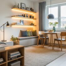 Sala de estar e jantar integradas em ambiente pequeno com sofá cinza, prateleiras iluminadas com objetos decorativos, canto com banco e almofadas, mesa redonda de madeira e janelas com cortinas cinza.