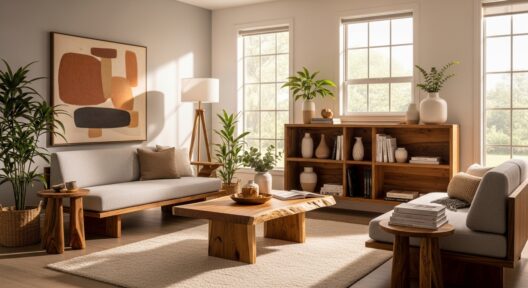 Ambiente de sala de estar com móveis planejados, com estantes e mesas feitas sob medida, feitas de madeira clara, complementadas por plantas e decoração moderna. A imagem transmite a elegância e a funcionalidade dos móveis planejados, que são projetados para se encaixar perfeitamente no estilo e no tamanho do espaço, criando um ambiente harmonioso e organizado.