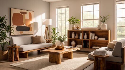 Ambiente de sala de estar com móveis planejados, com estantes e mesas feitas sob medida, feitas de madeira clara, complementadas por plantas e decoração moderna. A imagem transmite a elegância e a funcionalidade dos móveis planejados, que são projetados para se encaixar perfeitamente no estilo e no tamanho do espaço, criando um ambiente harmonioso e organizado.