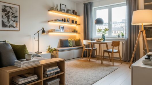 Sala de estar e jantar integradas em ambiente pequeno com sofá cinza, prateleiras iluminadas com objetos decorativos, canto com banco e almofadas, mesa redonda de madeira e janelas com cortinas cinza.