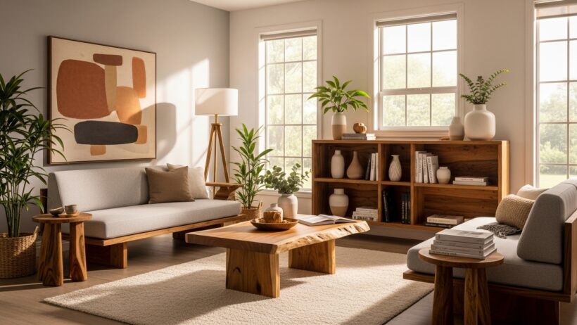 Ambiente de sala de estar com móveis planejados, com estantes e mesas feitas sob medida, feitas de madeira clara, complementadas por plantas e decoração moderna. A imagem transmite a elegância e a funcionalidade dos móveis planejados, que são projetados para se encaixar perfeitamente no estilo e no tamanho do espaço, criando um ambiente harmonioso e organizado.