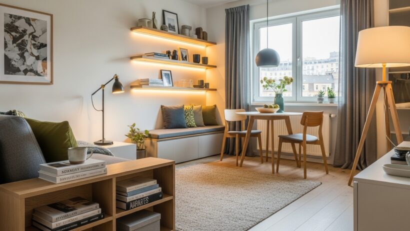 Sala de estar e jantar integradas em ambiente pequeno com sofá cinza, prateleiras iluminadas com objetos decorativos, canto com banco e almofadas, mesa redonda de madeira e janelas com cortinas cinza.