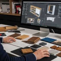 A imagem mostra uma pessoa selecionando entre várias amostras de acabamento em madeira, demonstrando o processo de escolha para um projeto de móveis sob medida. A variedade de texturas e tons reflete como é possível personalizar cada detalhe de um móvel, atendendo às necessidades e preferências dos clientes, uma característica fundamental dos móveis sob medida.