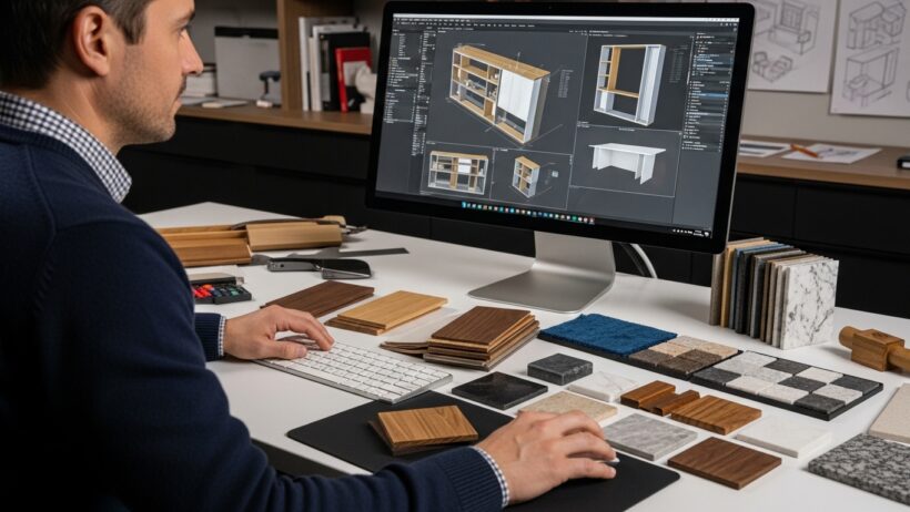 A imagem mostra uma pessoa selecionando entre várias amostras de acabamento em madeira, demonstrando o processo de escolha para um projeto de móveis sob medida. A variedade de texturas e tons reflete como é possível personalizar cada detalhe de um móvel, atendendo às necessidades e preferências dos clientes, uma característica fundamental dos móveis sob medida.